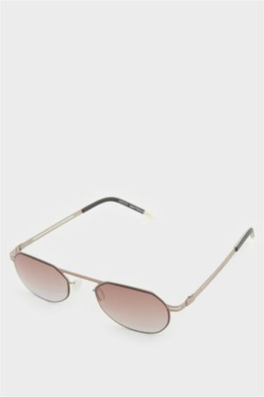 Erkek Küçük Oval Bej Metal Çerçeve Kahve Cam UV Güneş Gözlüğü