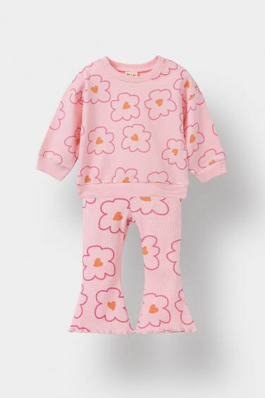 Kız Bebek 2'li Takım Çiçekli Sweatshirt İspanyol Paça Tayt