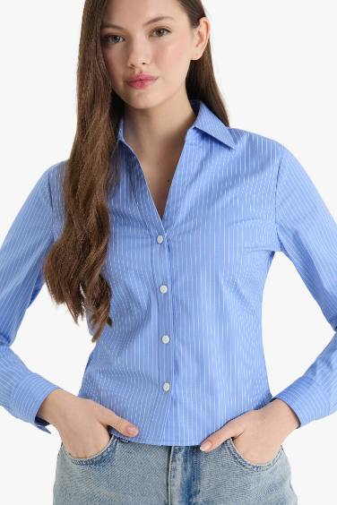 Приталенная рубашка с бенгалином длинная рукав рубашка