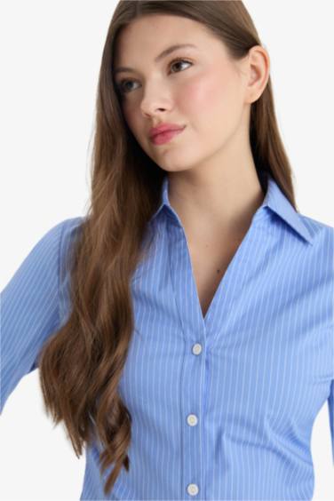 Приталенная рубашка с бенгалином длинная рукав рубашка