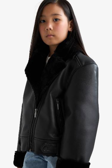 Girl Jacket Collar Faux Fur Lined Jacket