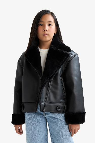 Girl Jacket Collar Faux Fur Lined Jacket