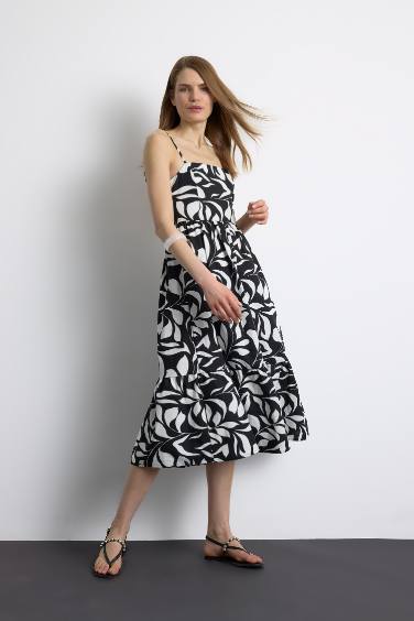 Floral Linen Look Sleeveless Midi Dress