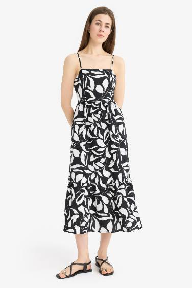 Floral Linen Look Sleeveless Midi Dress