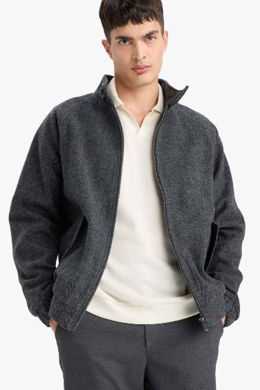 Regular Fit Stand Collar Zippered Lined Jacket