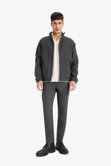 Regular Fit Stand Collar Zippered Lined Jacket