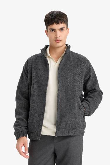 Regular Fit Stand Collar Zippered Lined Jacket