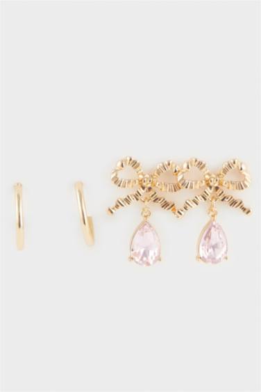 Woman 2 Piece Stone Detailed Gold Earrings
