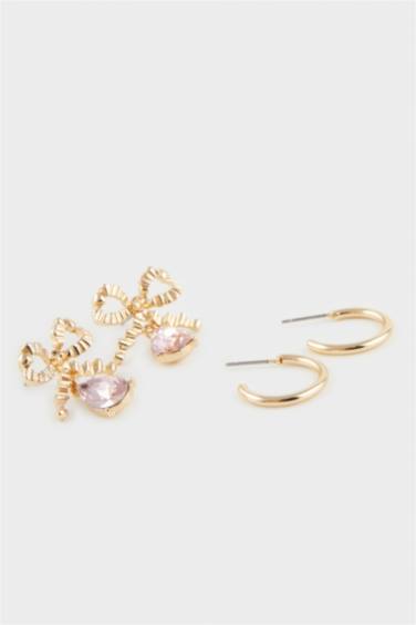 Woman 2 Piece Stone Detailed Gold Earrings