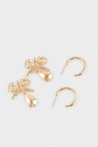 Woman 2 Piece Stone Detailed Gold Earrings