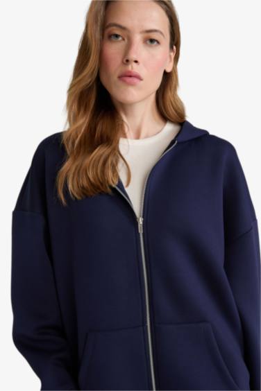 Oversize Fit Hooded Scuba Fabric Cardigan