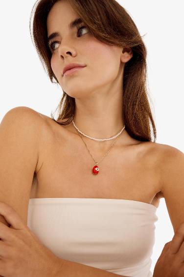 Woman Red Stone Pearl Necklace