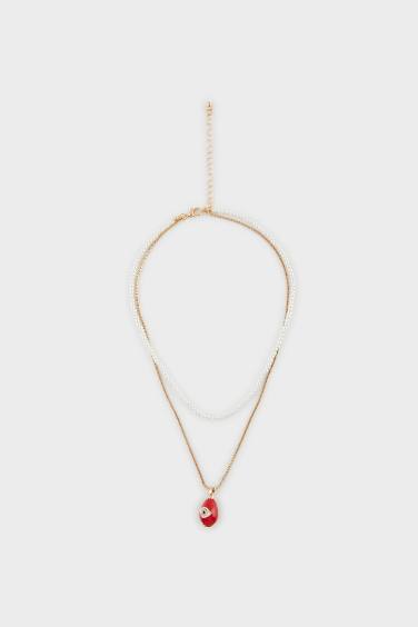 Woman Red Stone Pearl Necklace