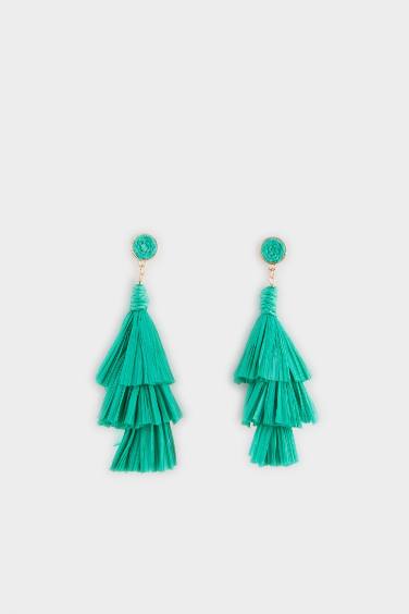 Woman Green Straw Detailed Dangling Earrings