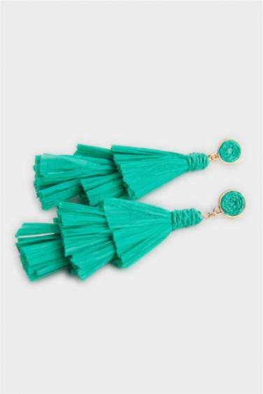 Woman Green Straw Detailed Dangling Earrings