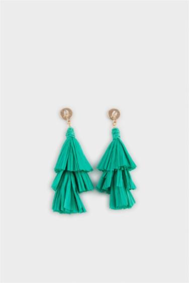 Woman Green Straw Detailed Dangling Earrings