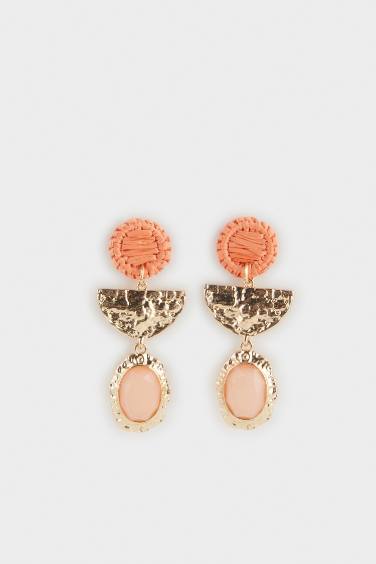 Woman Orange Straw Detailed Earrings