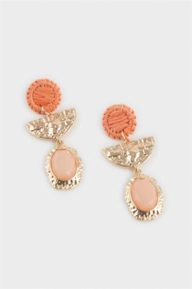 Woman Orange Straw Detailed Earrings