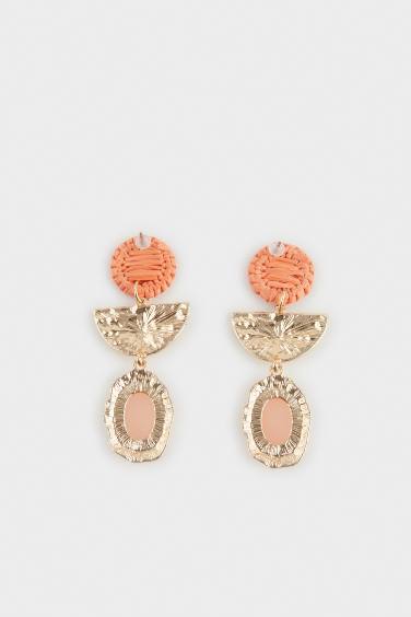 Woman Orange Straw Detailed Earrings