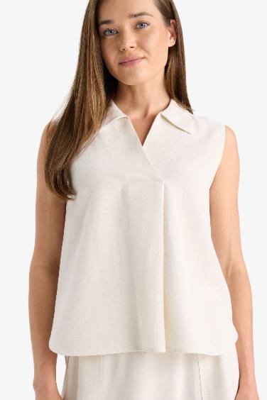 بلوزة بدون كم قصة عادية برقبة V من مزيج الكتان