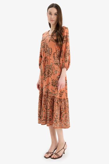 Regular Fit V Neck Floral Patterned Half Sleeve Midi Dress