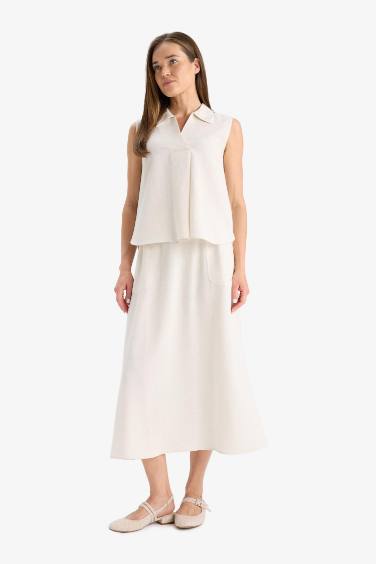 Regular Fit Linen Blend Cargo Midi Skirt