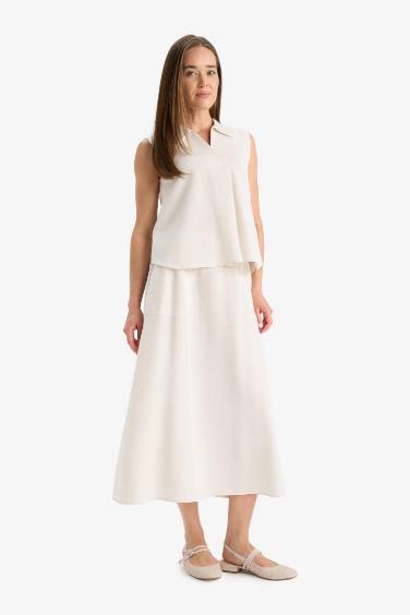 Regular Fit Linen Blend Cargo Midi Skirt