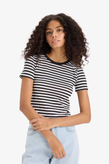 Slim Fit Dar Kesim Bisiklet Yaka Çizgili Penye Kısa Kollu Tişört