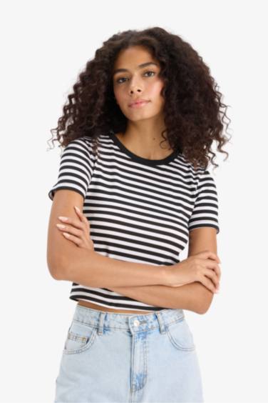 Slim Fit Dar Kesim Bisiklet Yaka Çizgili Penye Kısa Kollu Tişört