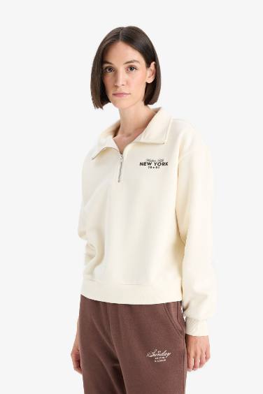 Regular Fit Yarım Fermuarlı Baskılı Kalın Sweatshirt