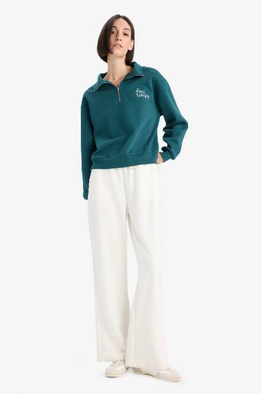 Regular Fit Yarım Fermuarlı Baskılı Kalın Sweatshirt