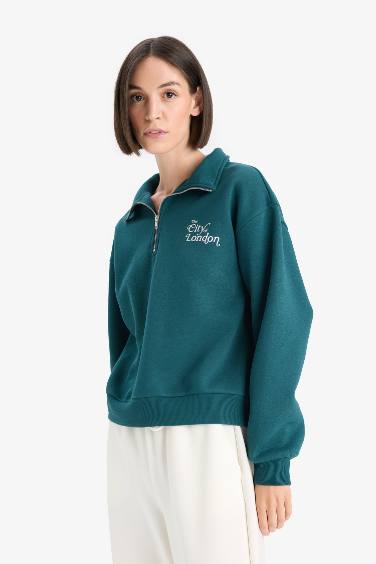 Regular Fit Yarım Fermuarlı Baskılı Kalın Sweatshirt