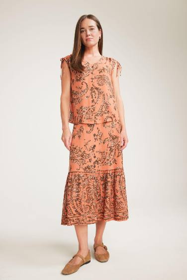 Regular Fit Flexible Waist Patterned Midi Skirt