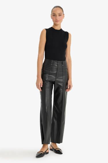 Pantalon large en simili cuir taille haute à poches