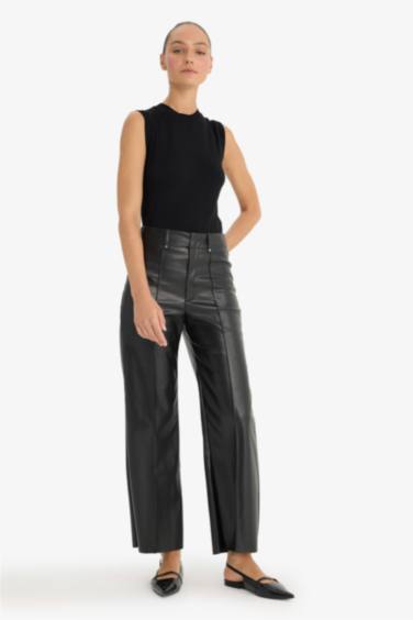 Pantalon large en simili cuir taille haute à poches