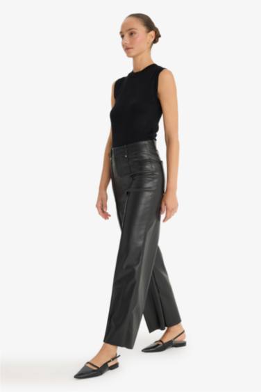 Pantalon large en simili cuir taille haute à poches
