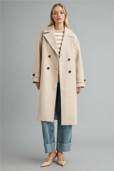 Regular Fit Düğmeli Uzun Kaşe Kaban