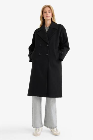 Regular Fit Düğmeli Uzun Kaşe Kaban