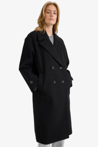 Regular Fit Düğmeli Uzun Kaşe Kaban