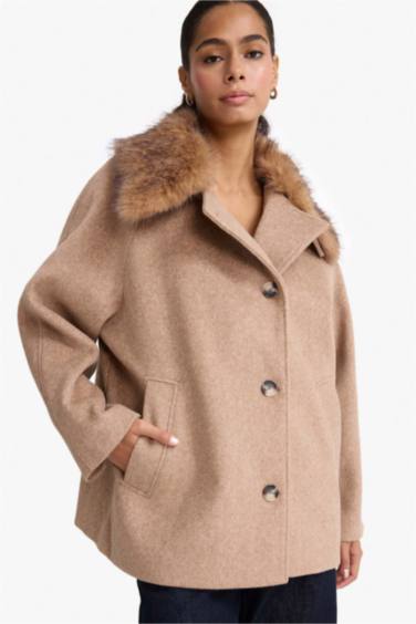 Çıkarılabilir Suni Kürk Yaka Regular Fit Düğmeli Kaşe Kaban