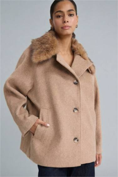 معطف جوخ قصة عادية بفرو قابل للإزالة