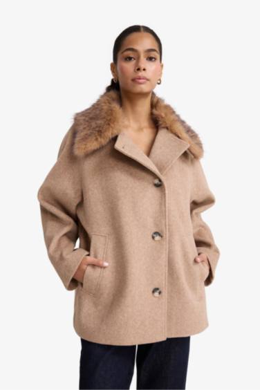 Çıkarılabilir Suni Kürk Yaka Regular Fit Düğmeli Kaşe Kaban