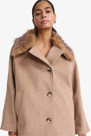 Çıkarılabilir Suni Kürk Yaka Regular Fit Düğmeli Kaşe Kaban