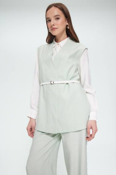V Yaka Kemerli Twill Tesettür Klasik Yelek
