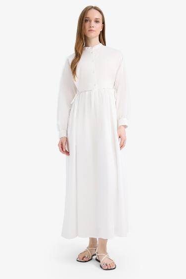 Relax Fit Bisiklet Yaka Kuşaklı Poplin Uzun Kollu Maxi Elbise