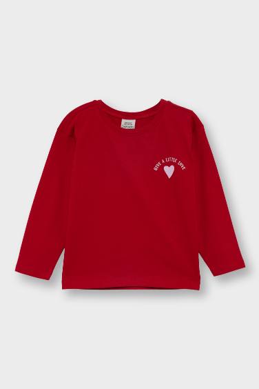 Kız Bebek Bisiklet Yaka Kalp Desenli 2'li Uzun Kollu Tişört