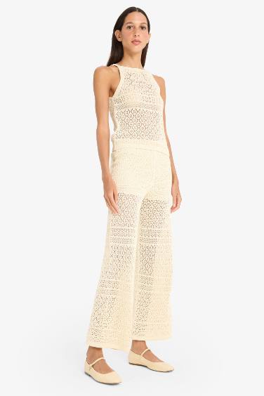 Regular Fit Halter Neck Openwork Sleeveless Blouse