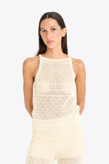 Regular Fit Halter Neck Openwork Sleeveless Blouse