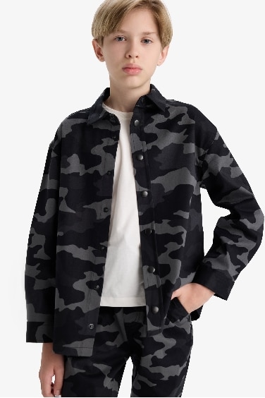 Erkek Çocuk Oversize Geniş Kalıp Polo Yaka Kamuflaj Desenli Gabardin Uzun Kollu Gömlek