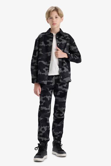 Erkek Çocuk Oversize Geniş Kalıp Polo Yaka Kamuflaj Desenli Gabardin Uzun Kollu Gömlek